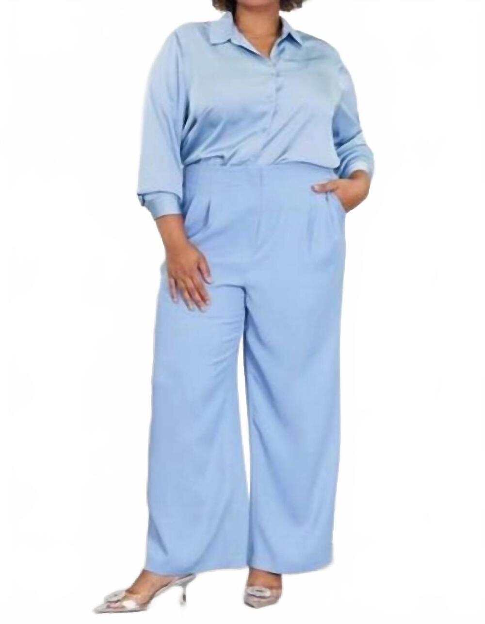 NEW SKIES ARE BLUE shirred sleeve blazer and wide leg pant suit set in dusty blu